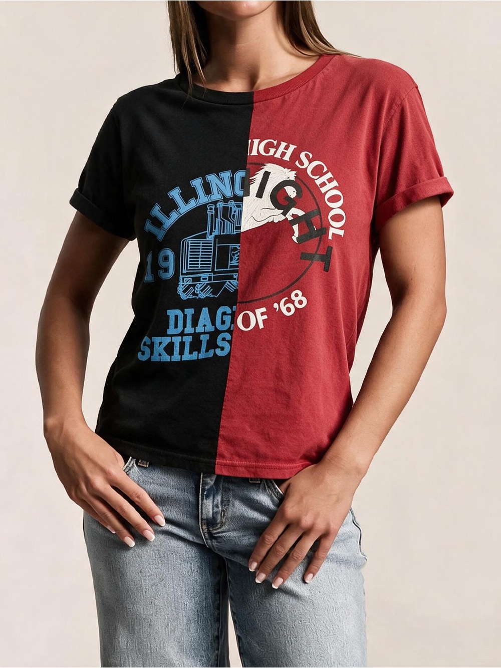 Split Panel "Half & Half" Graphic Streetwear T-Shirt – Red & Black